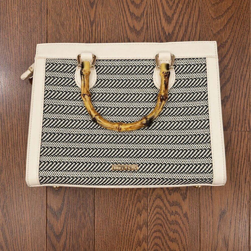 NWT {Wildfox} striped straw satchel with bamboo-look handles, OS